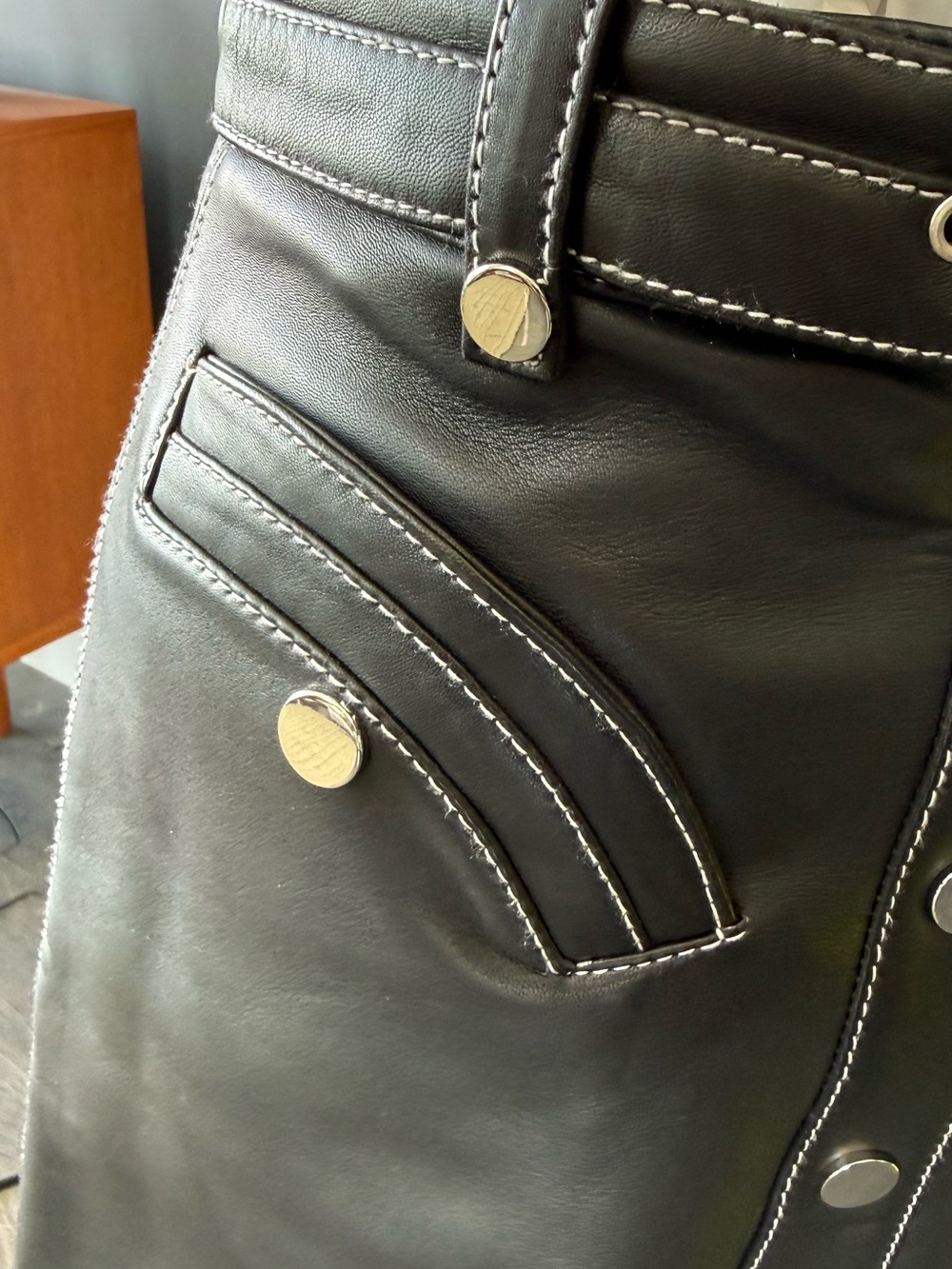 Maje Black Leather A-Line Skirt with Belt and Snap Front - Picture 2 of 9